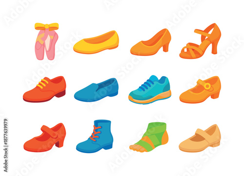 Colorful Dance Shoes. Dance shoes. Colorful flat vector icons set of dance shoes: ballet pointe shoes, ballet flats, ballroom heels, latin dance shoes, tap