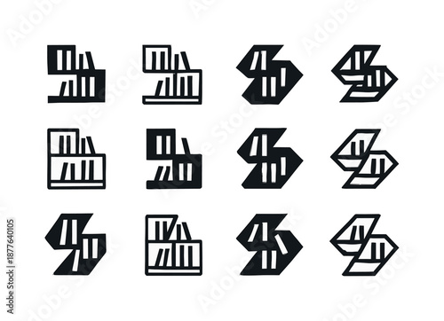 Geometric Bookshelf Icons. Geometric bookshelf with a modern, artistic design. Icon set. Set Logo of Geometric bookshelf with a modern, artistic design: