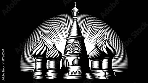 A monochrome illustration of a religious building with multiple onion domes against a radiating background