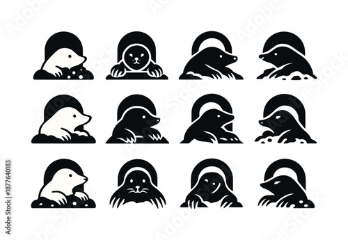 Mole Logo Variations. Mole. Icon set. Set Logo of mole: burrow entrance. harmonious logo variations of the same emblematic concept, each with different