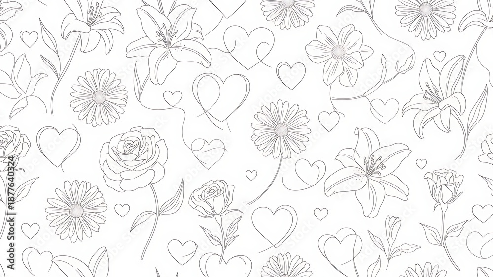 Fototapeta premium Delicate floral pattern with hearts a grayscale botanical illustration