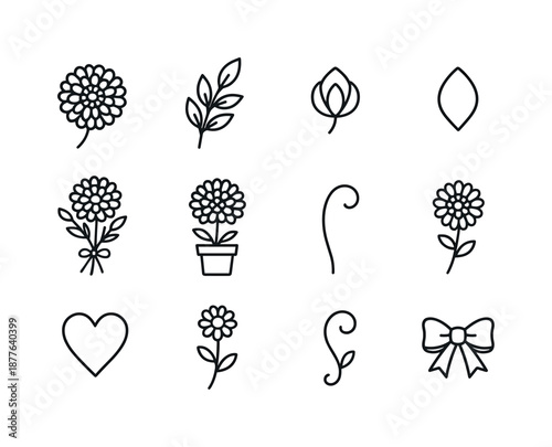 November Flower Icons. November birth flowers. Line icon set of november birth flowers: chrysanthemum, leaf sprig, bud, petal shape, bouquet, flower pot, stem