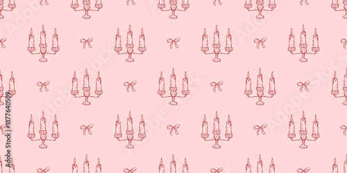 Seamless pattern with Vintage whimsical candleholder with three romantic candles. Perfect for party stationery, packaging with romantic charm, festive cards and decor projects