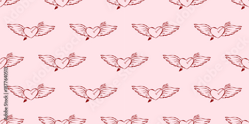 Valentine doodle cupid tattoo whimsical seamless pattern heart retro details. Designed for wedding or engagement stationery, cute bridal decor