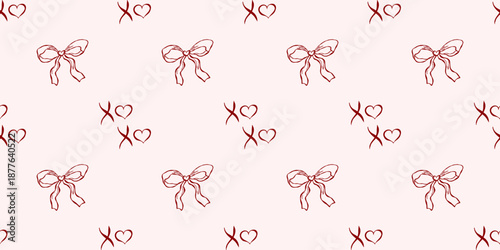 Seamless bow, ribbon and xoxo pattern with hand-drawn outline elements for valentine, birthday and wedding design, packaging, fabric and wallpaper use