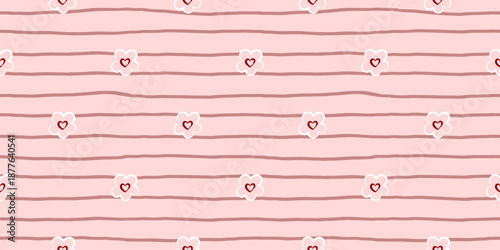 Valentine seamless pattern with heart flowers and soft stripes on a pink background, perfect for romantic stationery, packaging, cute prints and sweet holiday designs