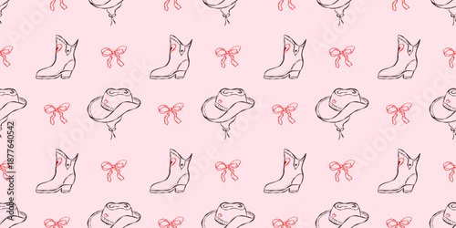 Wedding whimsical seamless pattern with cowgirl boots, western cowboy hats and cute bows on pink background. Perfect for wedding, bachelorette decor, party invitations, packaging with romantic charm