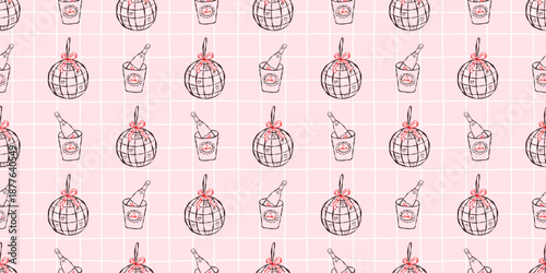 Disco ball and Champagne bottle seamless pattern featuring whimsical doodle lines for party, birthday, wedding and bachelorette decoration, packaging and vector design projects
