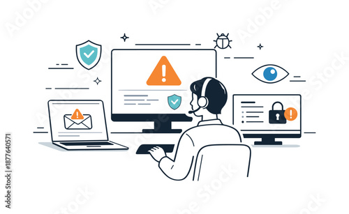 Real-Time Security Monitoring. Continuous monitoring. Analyst observing real-time security signals and alerts across multiple systems, ensuring constant