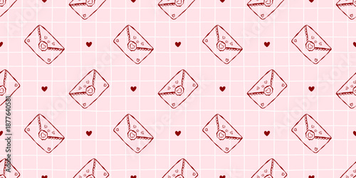 Charming seamless pattern with love letters and tiny hearts on a soft pink grid, perfect for Valentine cards, romantic stationery, gift wrap and sweet decorative designs