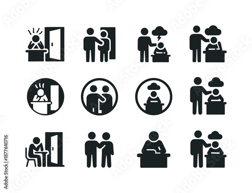 Workplace Stress Icons. Handling workplace stress and managerial support. Icon set. Set Logo of Handling workplace stress and managerial support: Open door for