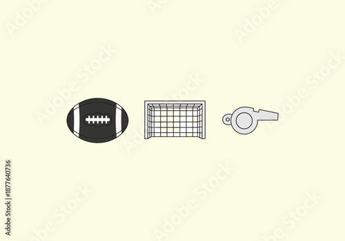 Vector Flat Concept Football, Goal Net, and Whistle - Minimalist Sports Equipment Icons.