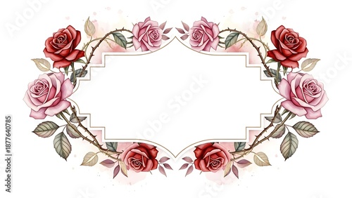 Watercolor roses form an ornate frame with delicate pink and red blooms