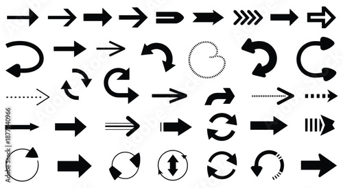 various black arrows and curved arrow designs on white background, vector illustration for navigation, direction indicators, interface elements, infographic design, and professional graphic