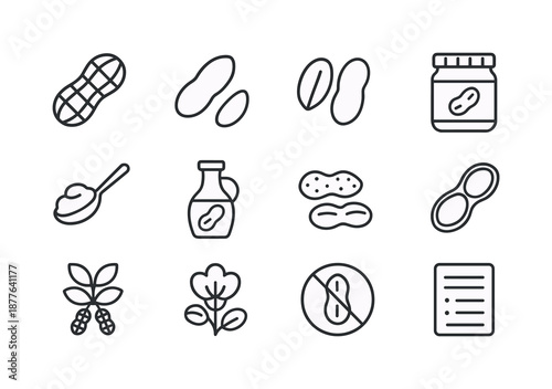 Peanut Icons Collection. Peanuts. Line icon set of Peanuts: peanut shell, shelled peanut, peanut halves, peanut butter jar, spoon with peanut butter, peanut