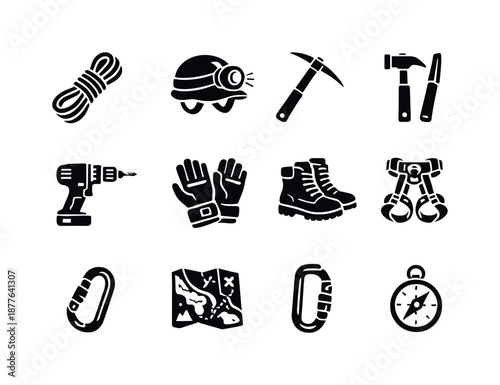 Speleology Tools Icons. Speleology tools. Solid icon set of Speleology tools: rope, helmet lamp, pickaxe, hammer, chisel, drill, gloves, boots, harness,