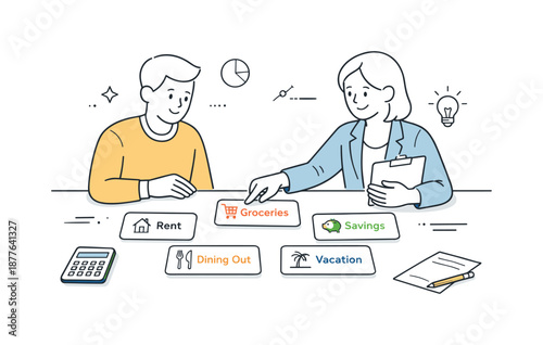 Budget Planning Session. Budget planning session. A client and advisor organizing expense and savings cards on a clean table. Sense of control, clarity, and