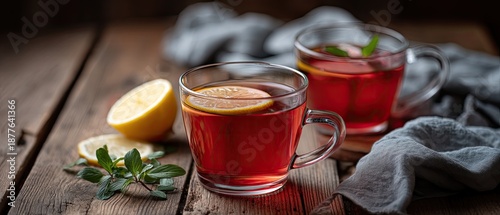 Panel kuchenny z motywem Bright and colorful drinks are displayed on a wooden table, surrounded by fresh ingredients like ginger and lemon slices