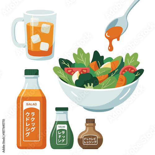 Fresh Salad with Dressing and Iced Tea Drink