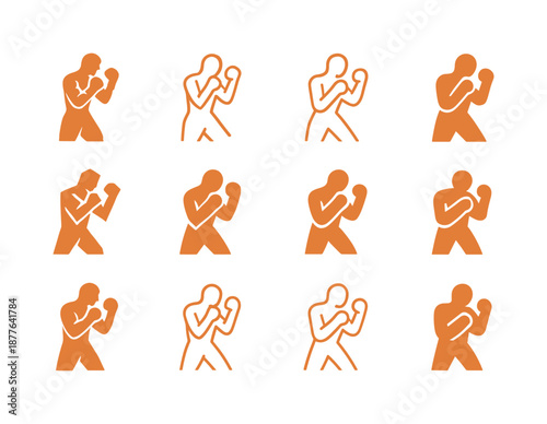 Boxing Fitness Logos. Boxing fitness workouts. Icon set. Set Logo of boxing fitness workouts: fighter stance pose. harmonious logo variations of the same
