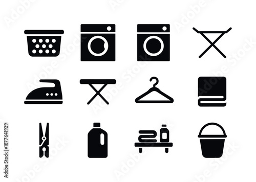 Laundry Icons Set. Laundry room items. Solid icon set of Laundry room items: basket, washing machine, dryer, rack, iron, ironing board, hanger,