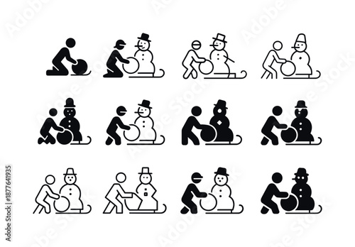 Snowman Contest Logos. Snowman-building contest and snow activities. Icon set. Set Logo of Snowman-building contest and snow activities: sled. harmonious logo