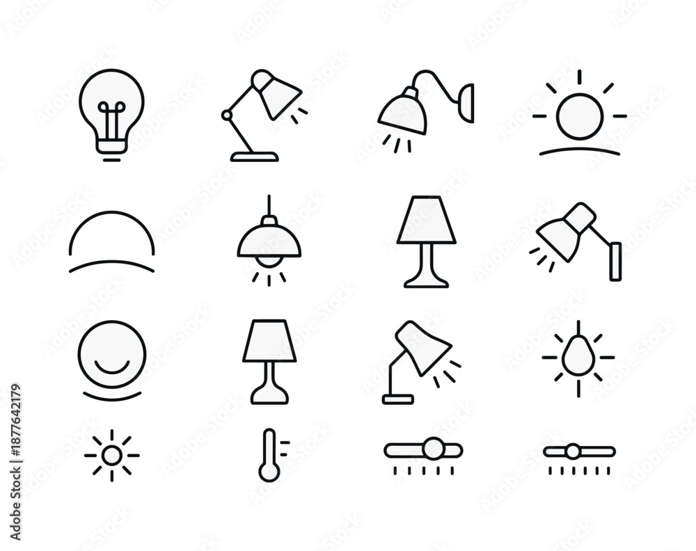 Fototapeta premium Mood Lighting Icons. Creating mood lighting with a dimmer. Line icon set of creating mood lighting with a dimmer: warm-tone bulb, dim reading lamp, adjustable