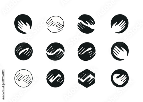 Therapeutic Touch Logos. Therapeutic touch. Icon set. Set Logo of therapeutic touch: gentle hand embrace. harmonious logo variations: Negative space, Minimal