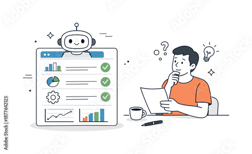 AI Decision Interface. AI with humans decision making. Person reviewing recommendations suggested by an AI interface with simple checkmarks and graphs.