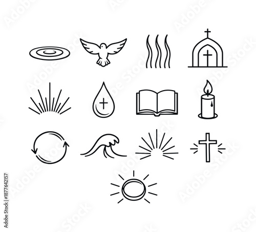 Christian Baptism Icons. Christian baptism. Line icon set of christian baptism: holy ripple, descending dove symbol, water streams, church cross