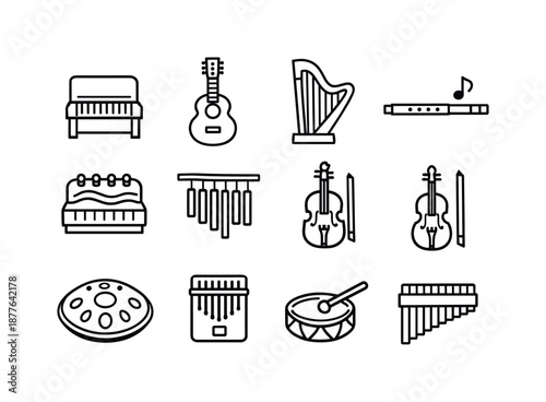 Calming Instrumental Icons. Calming instrumentals. Line icon set of Calming instrumentals: soft piano, gentle guitar, harp pluck, flute note, ambient pad,