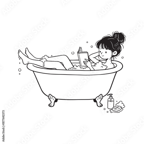 Cute woman relaxing in bubble bath reading book, hand drawn vector illustration. Girl sitting in tub with foam, leg raised. Concept of self care, hygiene and leisure time. Doodle sketch style.
