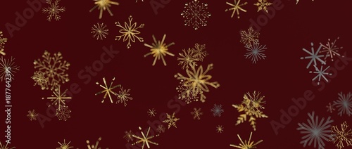 Abstract golden snowflakes on a maroon background creating a festive winter season design with feelings of joy