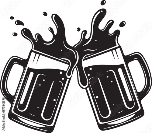 Two beer mugs clinking with liquid splash in black