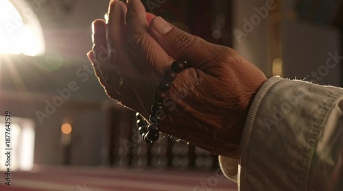 Muslim man praying with tasbih prayer beads in mosque, hands held in supplication during dhikr, islamic worship and spirituality background