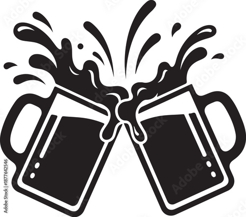 Cheers with beer mugs in black and white illustration