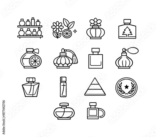 Perfume Icon Collection. Perfume collection. Line icon set of Perfume collection: bottle shelf, fragrance family icons, floral scent bottle, woody scent