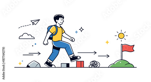 Resilient Steps Forward. Overcoming challenges. A character calmly stepping over small obstacles toward a goal flag, representing resilience and confidence.
