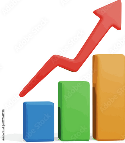 Create a realistic Bar charts and Arrow Statistic icon. 3d rendering vector art with white background.