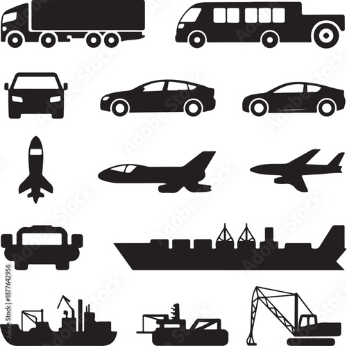 black silhouettes of various vehicles and machines