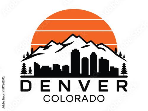 Denver Colorado skyline vector illustration with Rocky Mountains and ski slopes, featuring city architecture, alpine scenery, winter tourism, outdoor recreation, travel branding, and professional