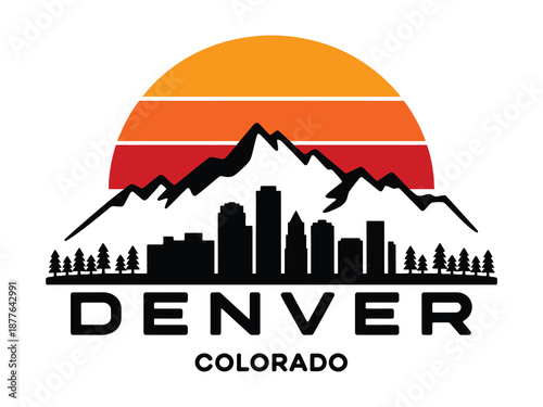 Denver Colorado skyline with Rocky Mountains and ski slopes, vector illustration combining city life, mountain adventure, winter sports culture, travel destination visuals, and high ranking landscape 
