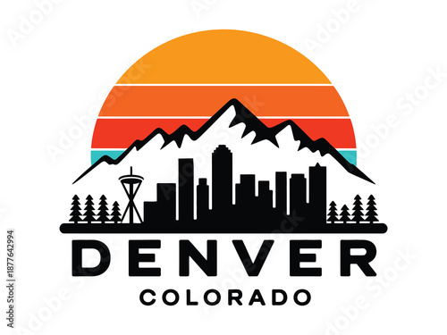 Denver Colorado skyline with Rocky Mountains and ski slopes, vector illustration showcasing urban cityscape,
