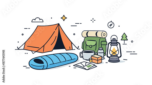 Serene Camping Setup. Camping Gear Setup. A calm editorial setup with a tent, sleeping bag, and lantern beside a small pile of supplies, inviting serene