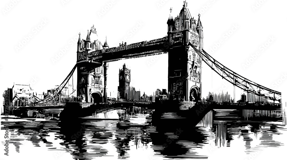 Obraz premium A monochrome illustration of an iconic bridge with reflections in the water below