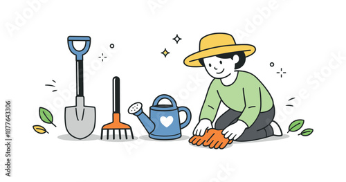 Essential Gardening Tools. Gardening tools set. A person calmly arranging shovel, rake, watering can and gloves before starting work, feeling of readiness and
