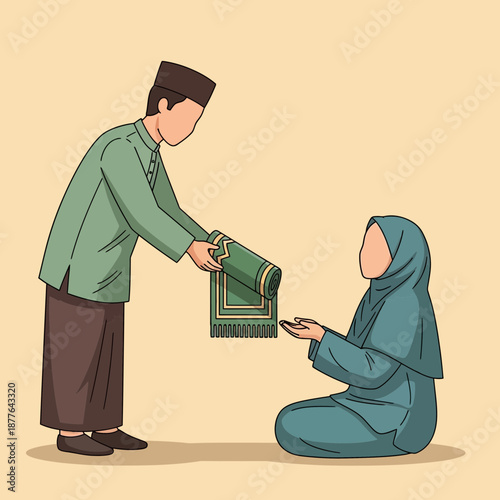Muslim man giving a prayer mat to a kneeling Muslim woman, depicting generosity and religious tradition.
