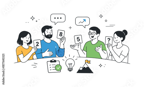 Team Story Points Discussion. Task estimation session. Team members discussing story points with simple number cards and icons. Collaborative planning,