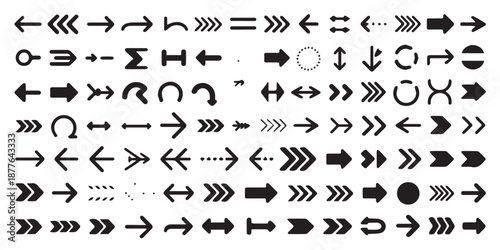 Versatile collection of black arrow icons and diverse directional symbols, ideal for enhancing user interfaces, web navigation, and graphic design