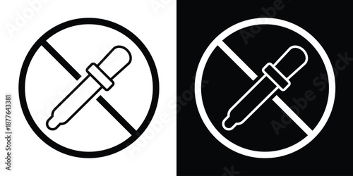 Prohibited dropper icon in black and white themes, symbolizing no liquid dispensing. Ideal for signage, packaging, UI alerts, and safety-related graphic design.